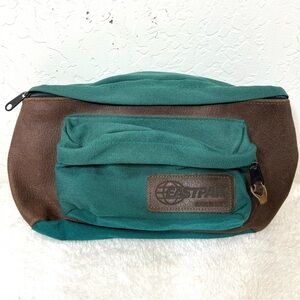 Vintage 90’s Eastpak Green Brown Hiking Fanny Pack Belt Bag Leather Canvas